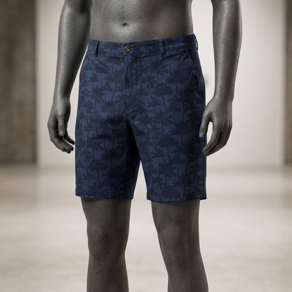 7 Diamonds Restless Performance Shorts Navy Blue Palm Tree Print Mens 38 Stretch